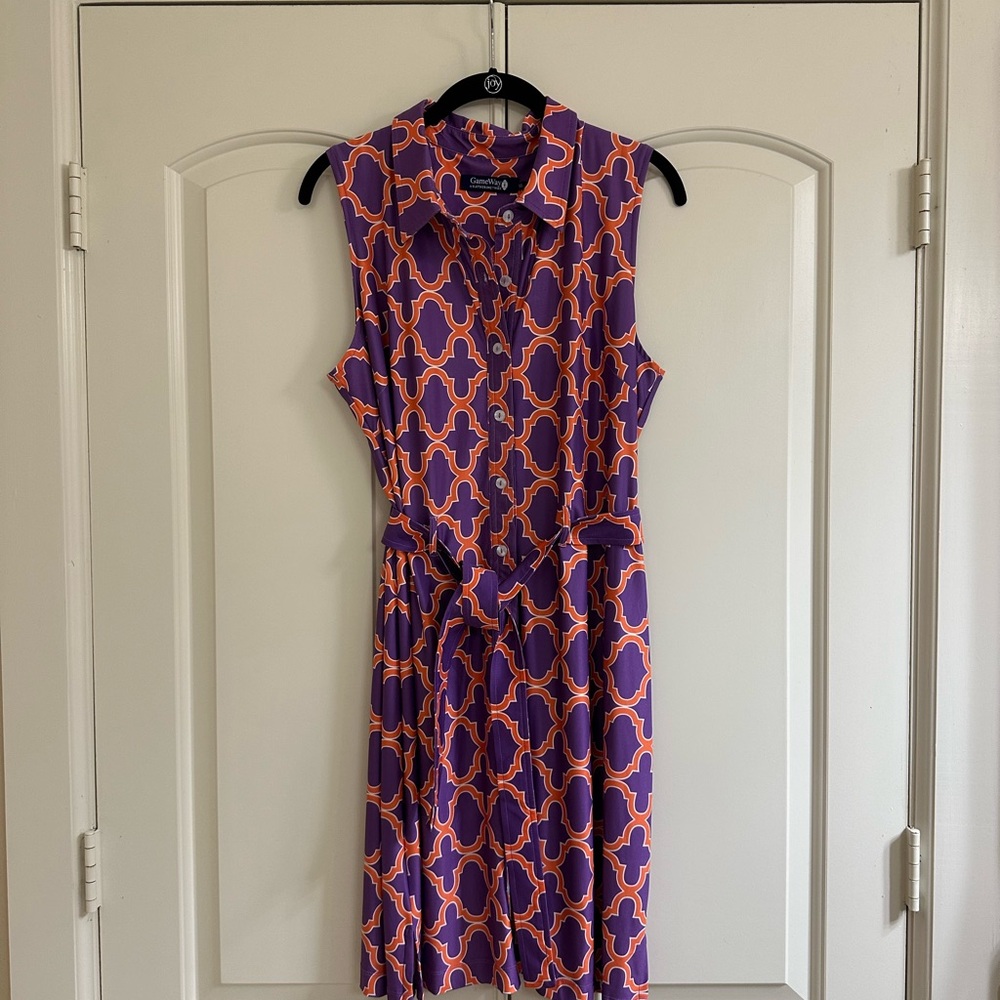 Clemson Gameday ready Purple and Orange Sleeveless Dress with belt